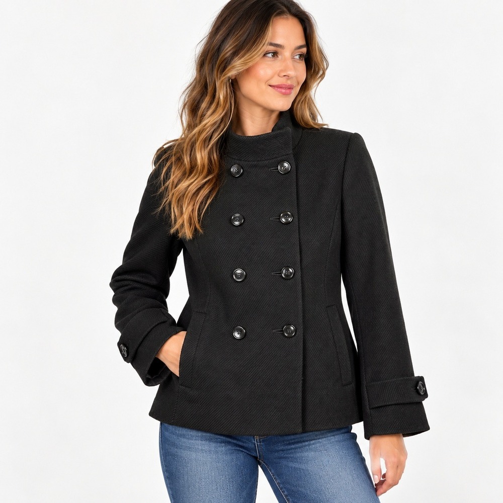 Ann Taylor 100% Wool Double Breasted Pea Coat Black Women's Small